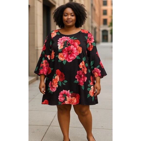 Jessica Howard Dresses & Skirts - JESSICA HOWARD Dress Size 18W Navy Blue Pink Floral Chiffon Bell Sleeve Lined‎